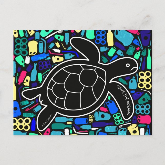 Sea Turtle with Plastic Pollution Postcard (Front)