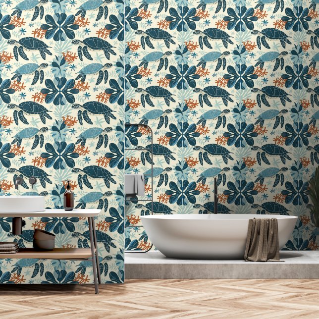 Sea Turtles And Corral Pattern Wallpaper (Bathroom)