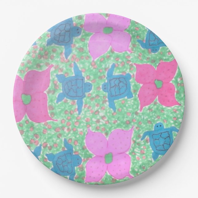 Sea Turtles and Flowers Paper Plates (Front)
