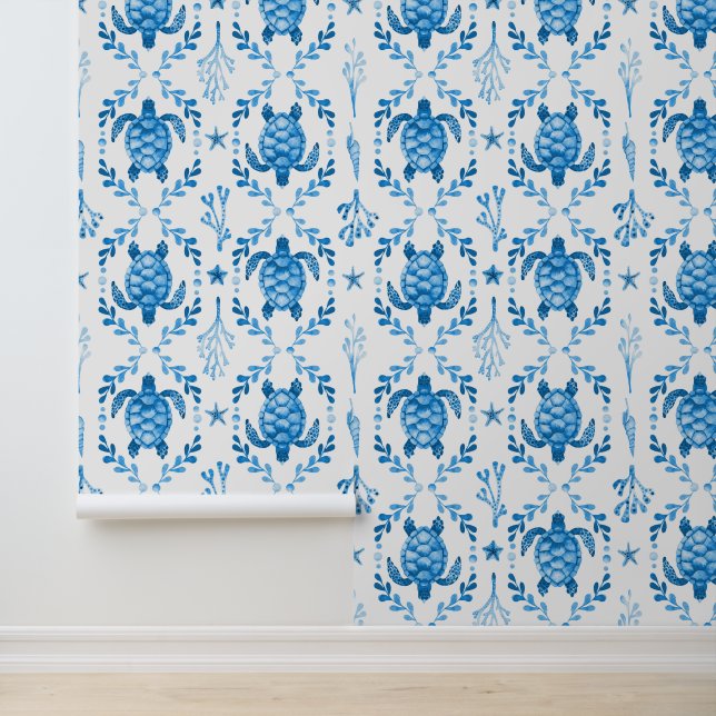 Sea Turtles and Starfish Coastal Blue Watercolor Wallpaper (Application)