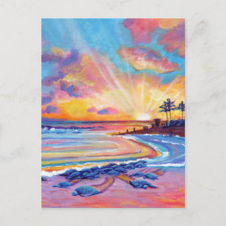 Sea Turtles at Poipu Beach Kauai at Sunset Postcard