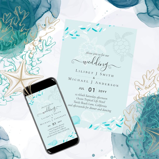 Sea Turtles Beach Wedding Turquoise Teal Invitation (Creator Uploaded)