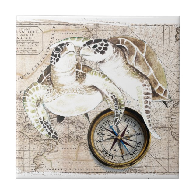 Sea Turtles Compass Map Ceramic Tile (Front)