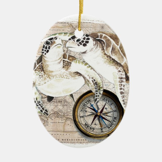 Sea Turtles Compass Map Ceramic Tree Decoration (Front)