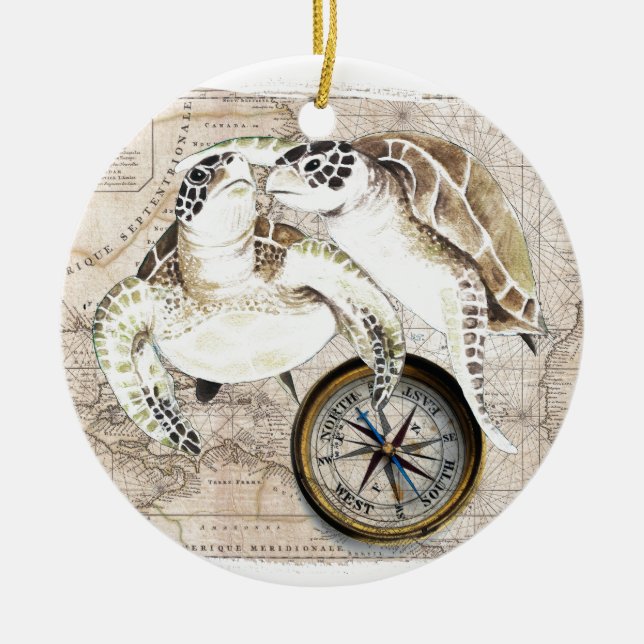 Sea Turtles Compass Map Ceramic Tree Decoration (Front)