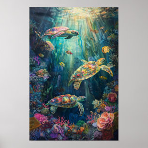 Sea Turtles & Coral Reef: Oceanic Fantasy Art Poster