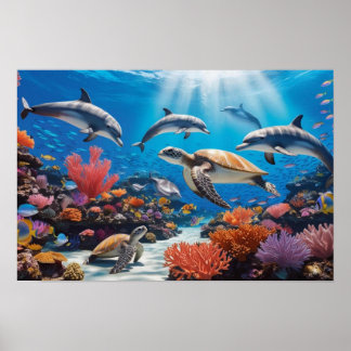 Sea Turtles & Dolphins in Colourful Coral Garden Poster