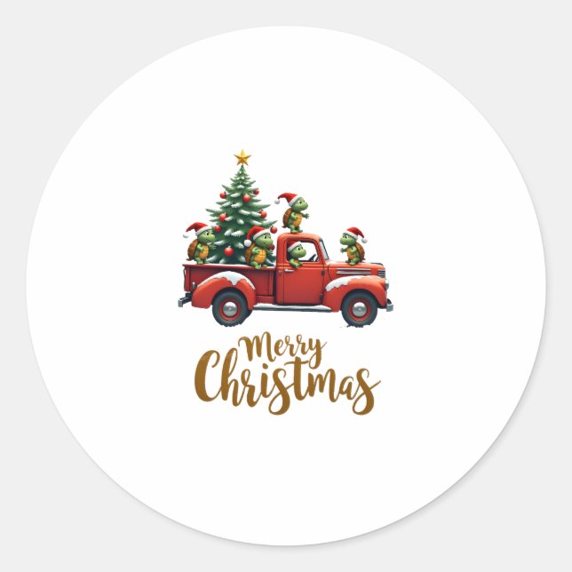 Sea Turtles Driving Christmas Tree Truck Turtle Ch Classic Round Sticker (Front)