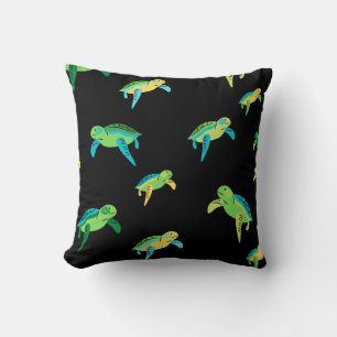 Sea Turtles Green Teal Blue Yellow Black Pattern Cushion