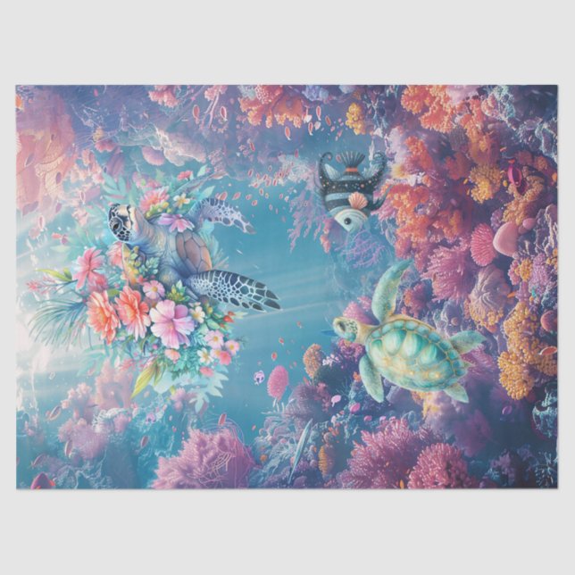 Sea Turtles In Beautiful Scenic Ocean Decoupage Tissue Paper (Front)