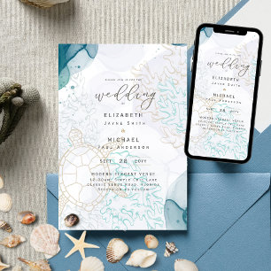 Sea Turtles Ocean Life Beach Teal Wedding Invitation