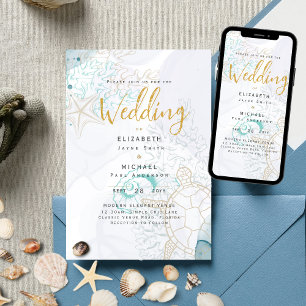 Sea Turtles Ocean Life Beach Teal Wedding Invitation