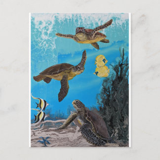 Sea turtles ocean, tropical wall art postcard