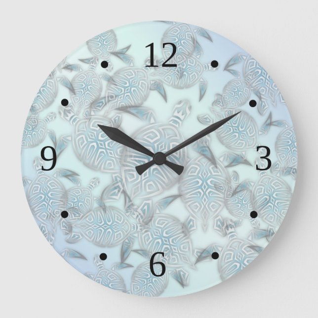 Sea Turtles Pattern Silver Blue Coastal Nautical Large Clock (Front)
