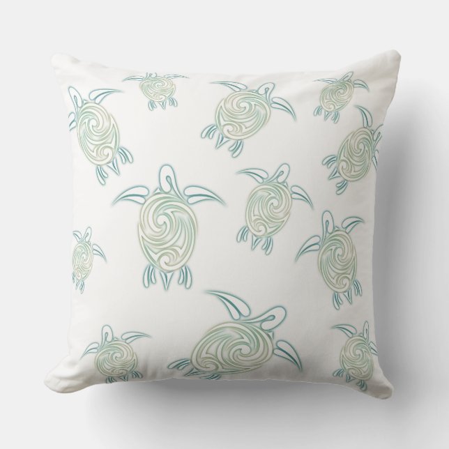 Sea Turtles Pattern White Green Coastal Maritime Outdoor Cushion (Front)