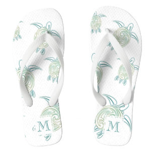 Sea Turtles Pattern White Green Monogram Thongs
