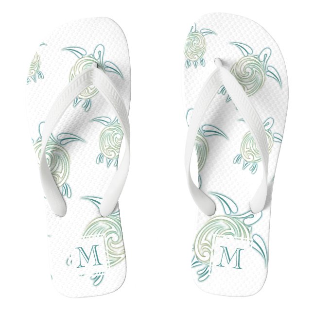 Sea Turtles Pattern White Green Monogram Thongs (Footbed)