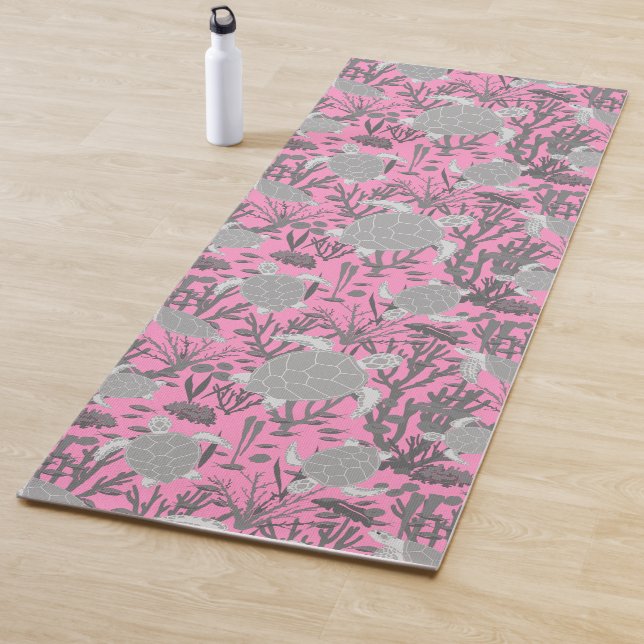 Sea Turtles Pink Grey Marine Life Pattern Yoga Mat (In Situ)