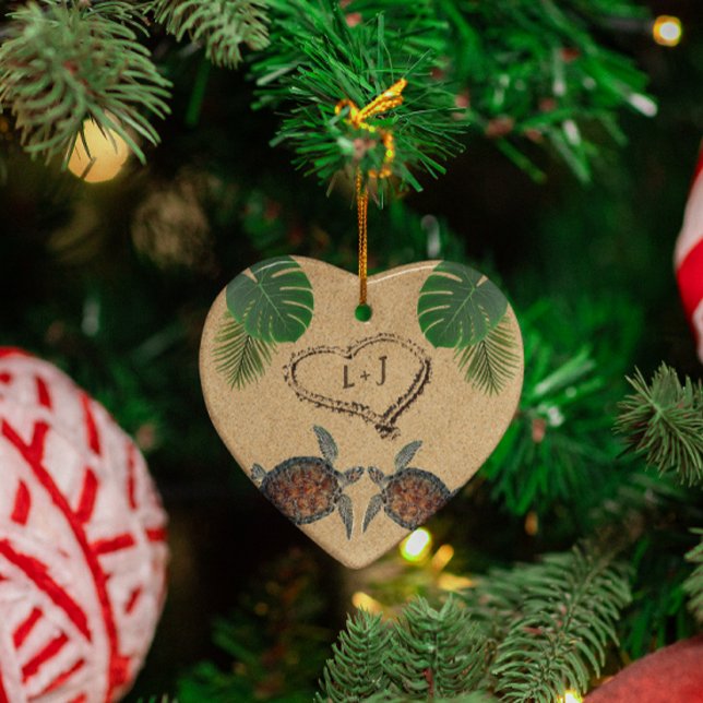 Sea Turtles Sand Heart and Palms Ceramic Ornament (Creator Uploaded)