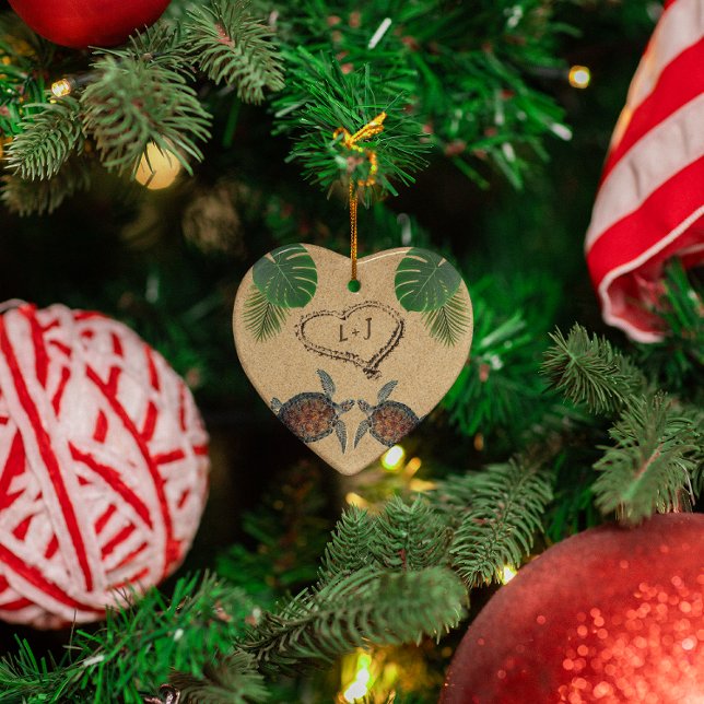 Sea Turtles Sand Heart and Palms Personalised Ornament (Creator Uploaded)