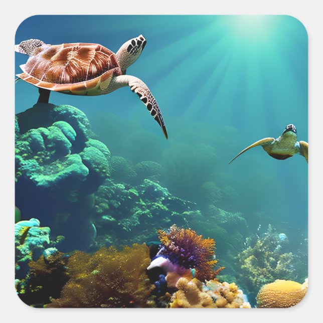 Sea Turtles Swimming Underwater  Square Sticker (Front)
