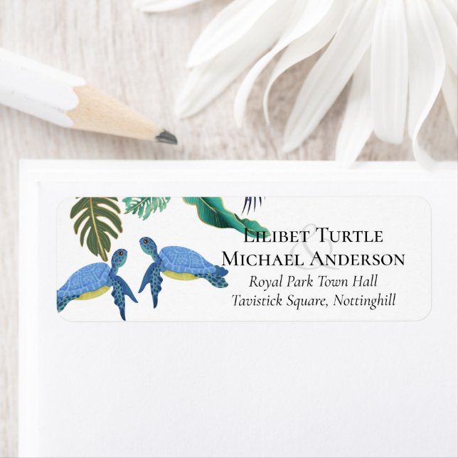 Sea Turtles Wedding Blue Yellow Label Return Address Label (Insitu)