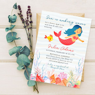 Sea Underwater Navy Blue Mermaid Fish Baby Shower Invitation