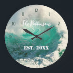 Sea wave personalised family name large clock<br><div class="desc">Sea wave design with custom features you can add family name and established year. This design is perfect for a comfy, cosy, and tropical decoration. Click on personalise to start customising the clock! Note If you need to make specific changes to the design, please text me I will be happy...</div>
