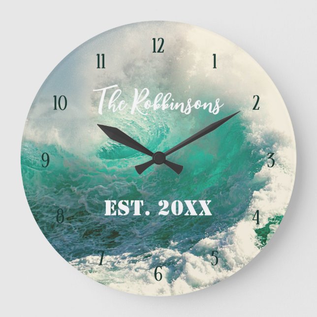 Sea wave personalised family name large clock (Front)