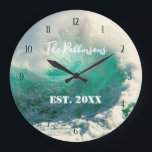 Sea wave personalized family name large clock<br><div class="desc">Sea wave design with custom features you can add family name and established year. This design is perfect for a comfy, cozy, and tropical decoration. Click on personalize to start customizing the clock! Note If you need to make specific changes to the design, please text me I will be happy...</div>