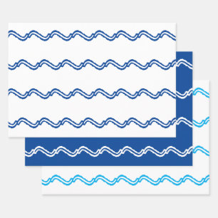 Sea waves blue white nautical pattern 3 gift wrapping paper sheet