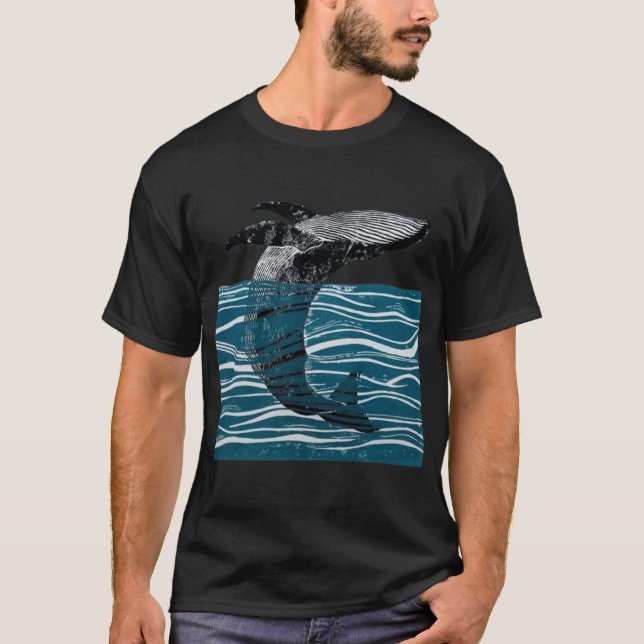 sea whale jump whale in blue waves funny gift T-Shirt (Front)