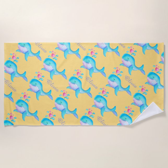 Sea whale watercolor art named pattern sand beach towel (Front)