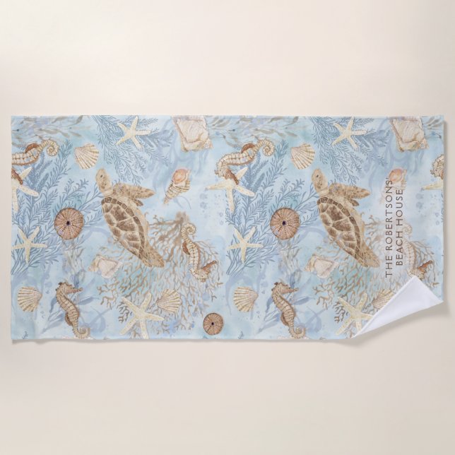 Sea Whispers Turtle Seahorse Starfish Personalised Beach Towel (Front)