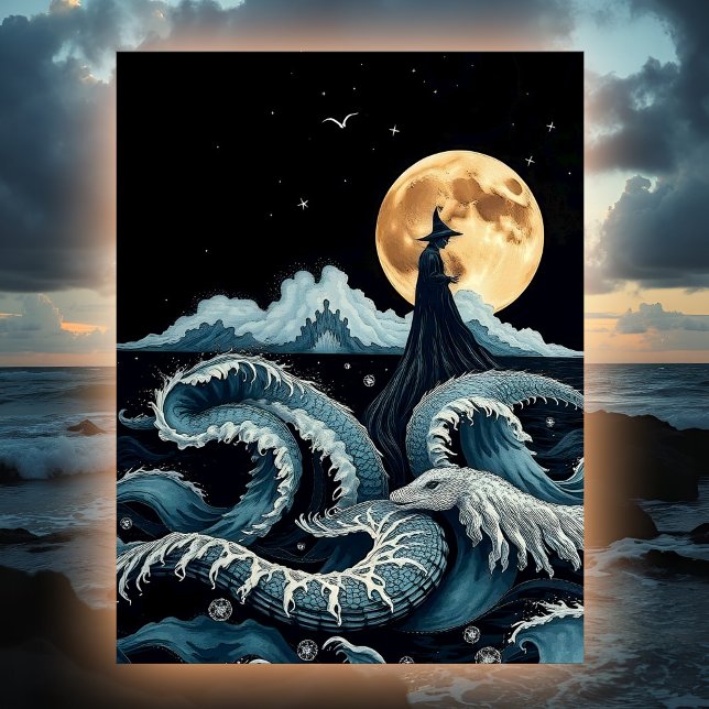 Sea Witch Mystical Ocean Waves Full Moon & Serpent Postcard (Sea Witch art postcard: A mysterious figure rises from the waves where a sea serpent dwells.)
