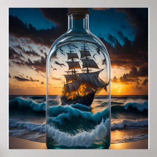 Sea with ship in a bottle poster