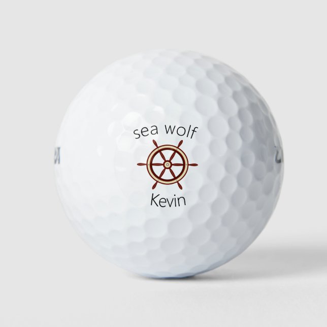 "SEA WOLF" ,steering wheel, personalised Golf Balls (Front)