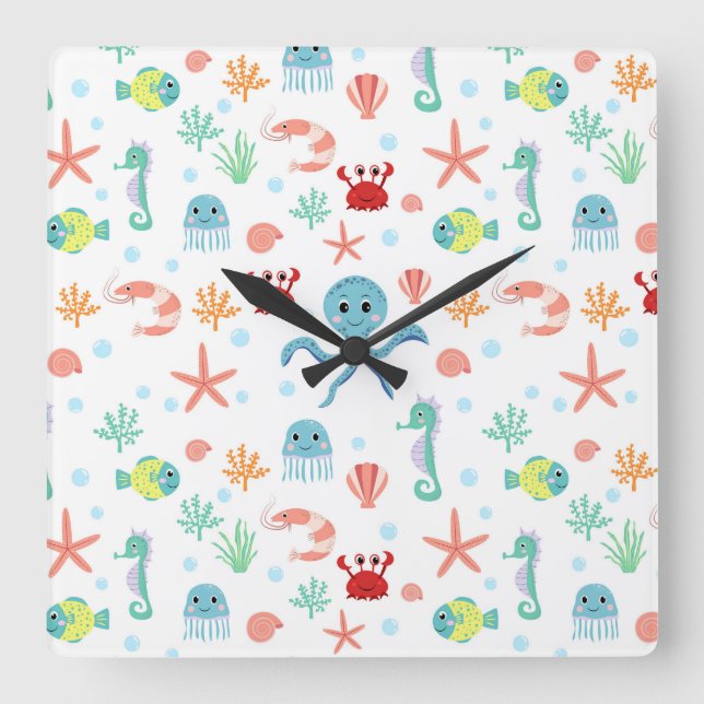 Sea World pattern Square Wall Clock (Front)
