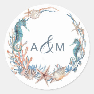 Sea Wreath   Coastal Couples Initials  Classic Round Sticker