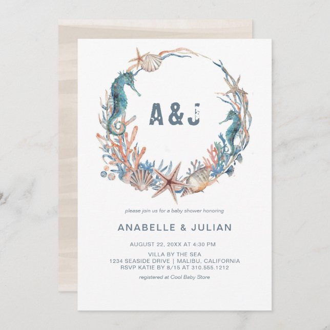 Sea Wreath | Rustic Beach Monogram Baby Shower Invitation (Front/Back)