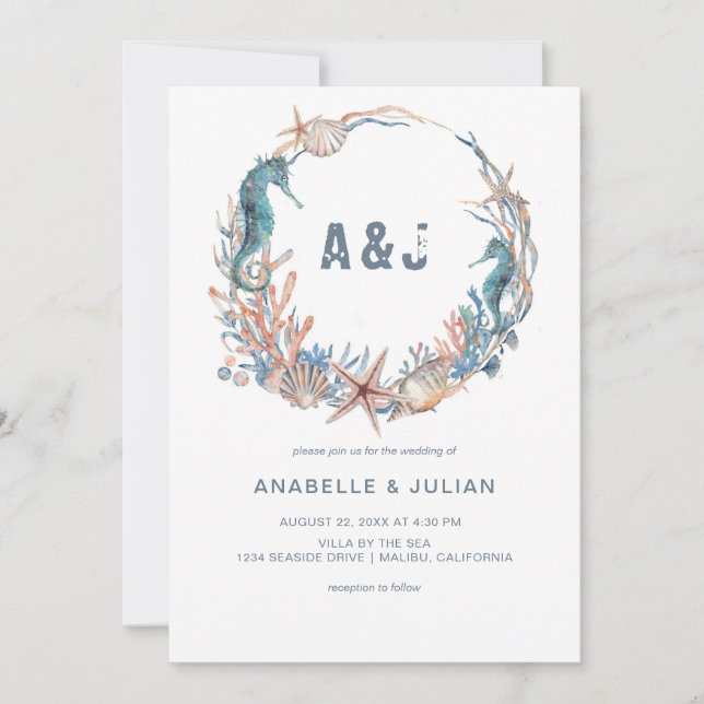Sea Wreath | Rustic Beach Monogram Wedding Invitation (Front)