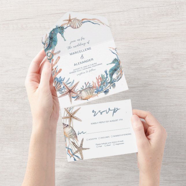 Sea Wreath | Seahorse and Shells Beach All In One Invitation (Tearaway)