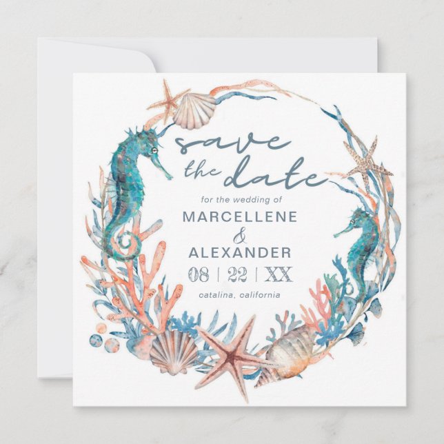Sea Wreath | Watercolor Beach Wedding Save The Date (Front)