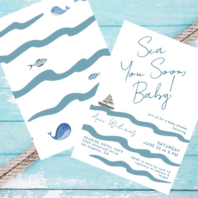 Sea You Soon Baby Nautical Waves Blue Boy Shower Invitation (Creator Uploaded)