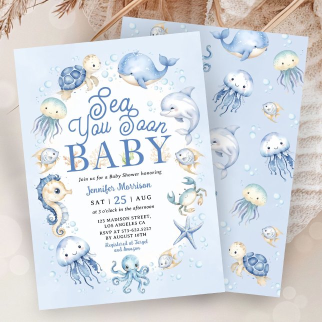 Sea You Soon Baby Shower Boy Blue Ocean Animals Invitation (Creator Uploaded)
