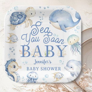 Sea You Soon Baby Shower Boy Blue Ocean Paper Plate