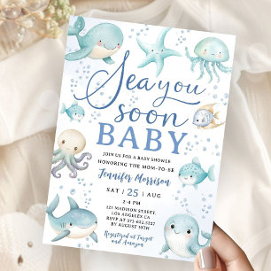 Sea You Soon Baby Shower Boy Dusty Blue Ocean Invitation