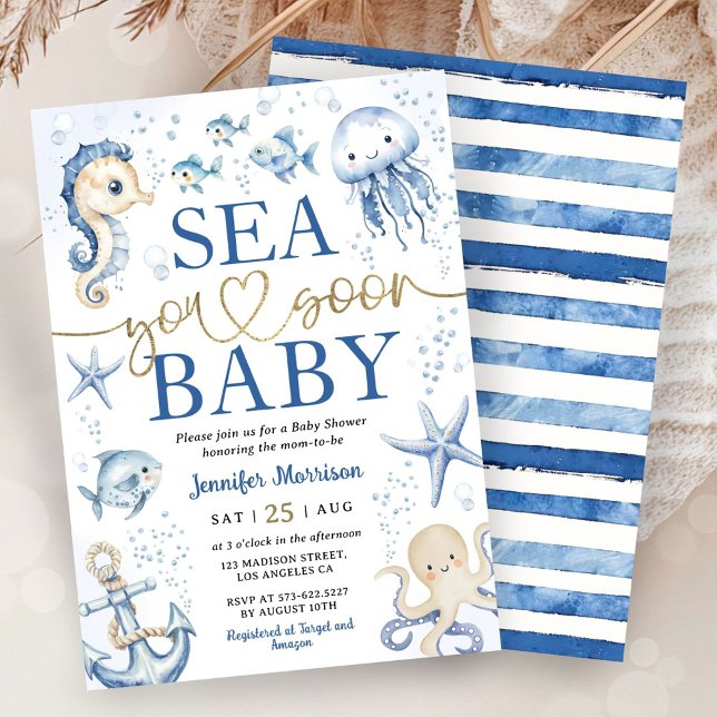 Sea You Soon Baby Shower Boy Navy Blue Ocean Invitation (Creator Uploaded)