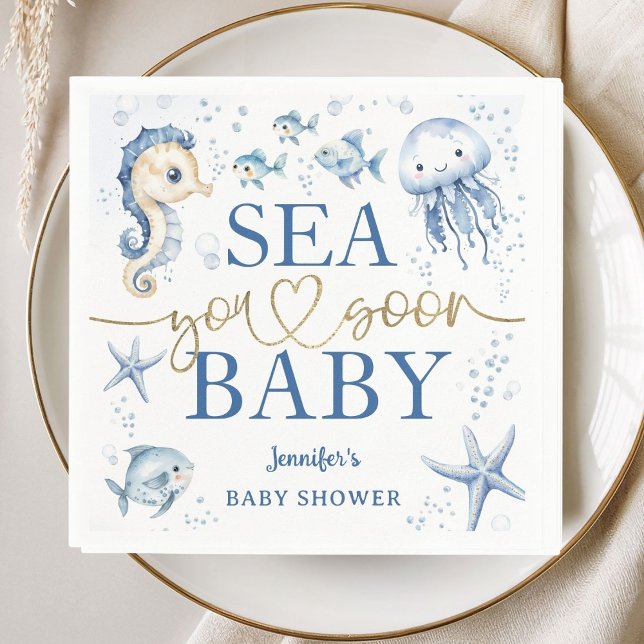 Sea You Soon Baby Shower Boy Navy Blue Ocean Paper Napkin (Creator Uploaded)