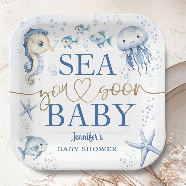 Sea You Soon Baby Shower Boy Navy Blue Ocean Paper Plate (Creator Uploaded)